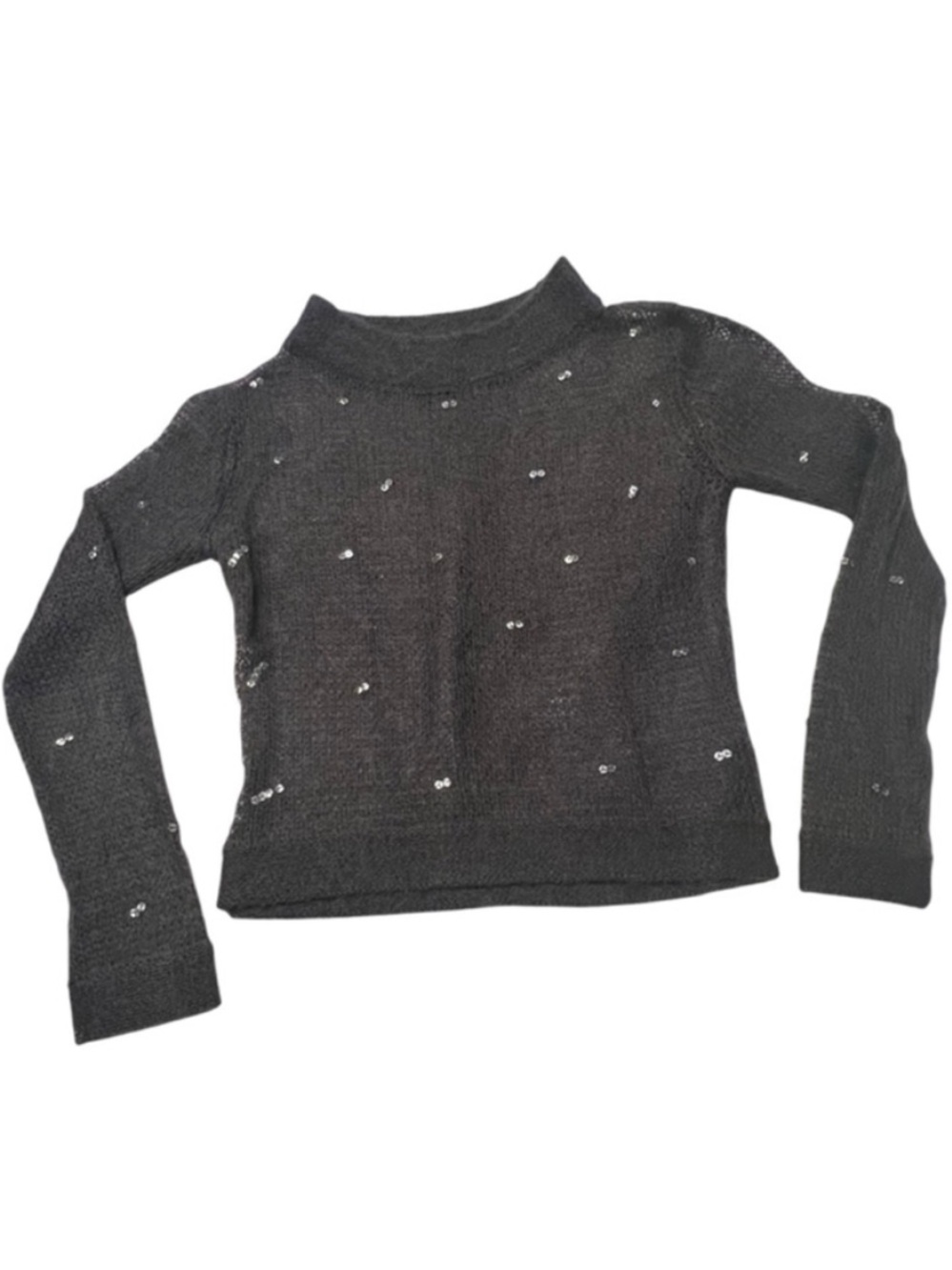 Nicole Miller Charcoal Silver Sequin Cowl Turtleneck Sheer Sweater M